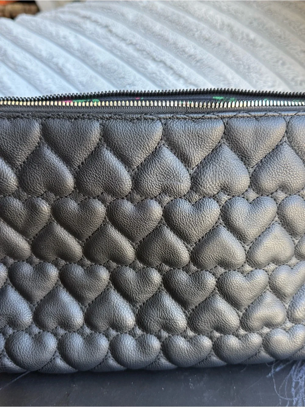 LARGE Betsey Johnson Black Quilted Heart Cosmetic Pouch with Gold Plaque 12”x7”